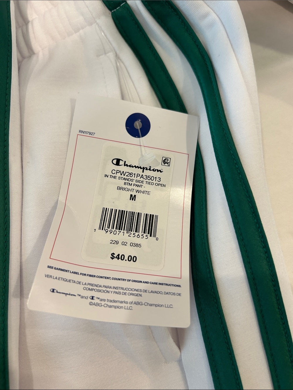 Champion White Wide Leg Track Pants with Green Side Stripes - Picture 4 of 4